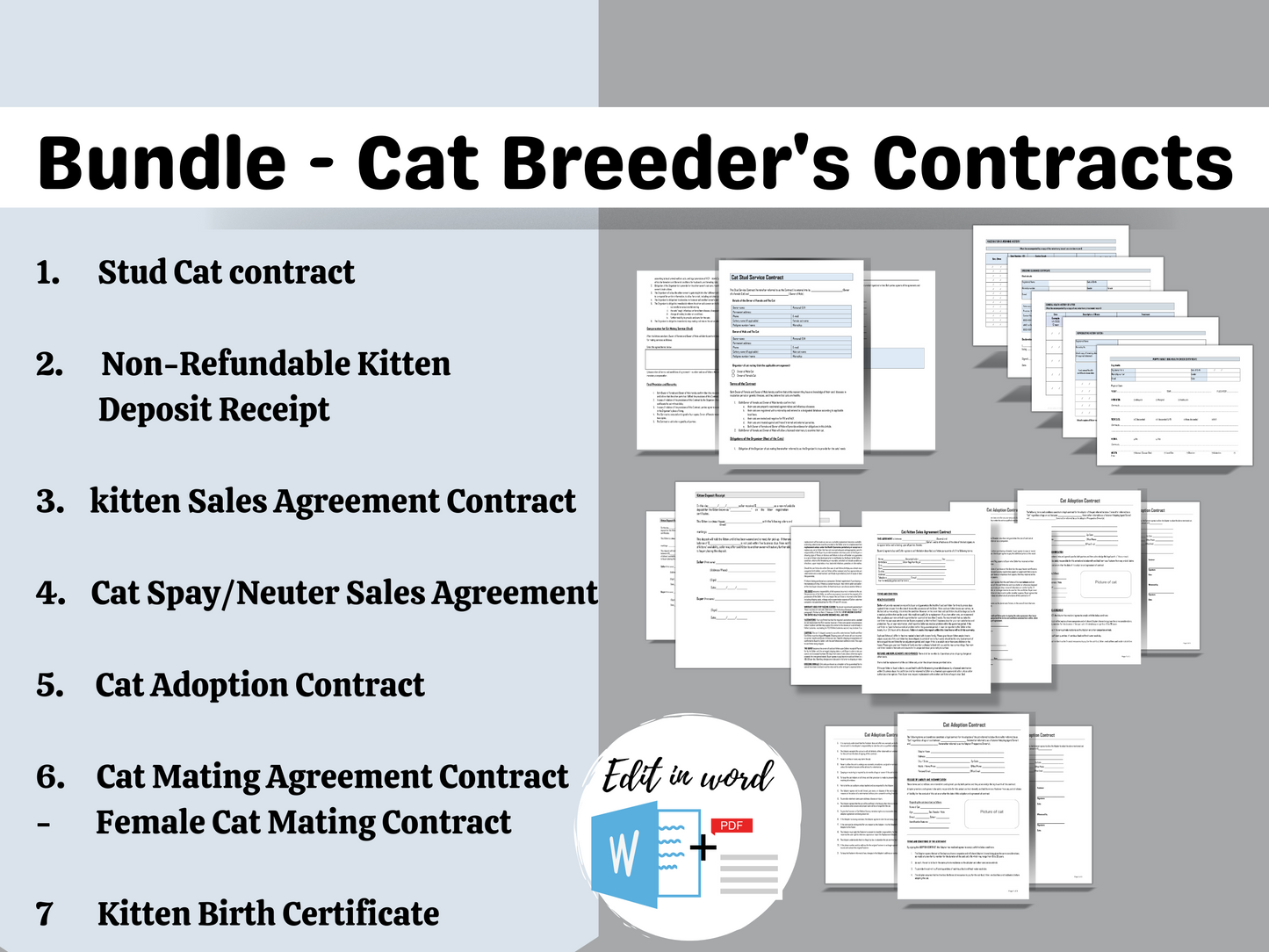 Bundle - Cat Breeder's Contract | Editable in Word | Non-Refundable Receipt | Stud Cat Contract | Spay/Neuter contract | Cat Sale Contract |
