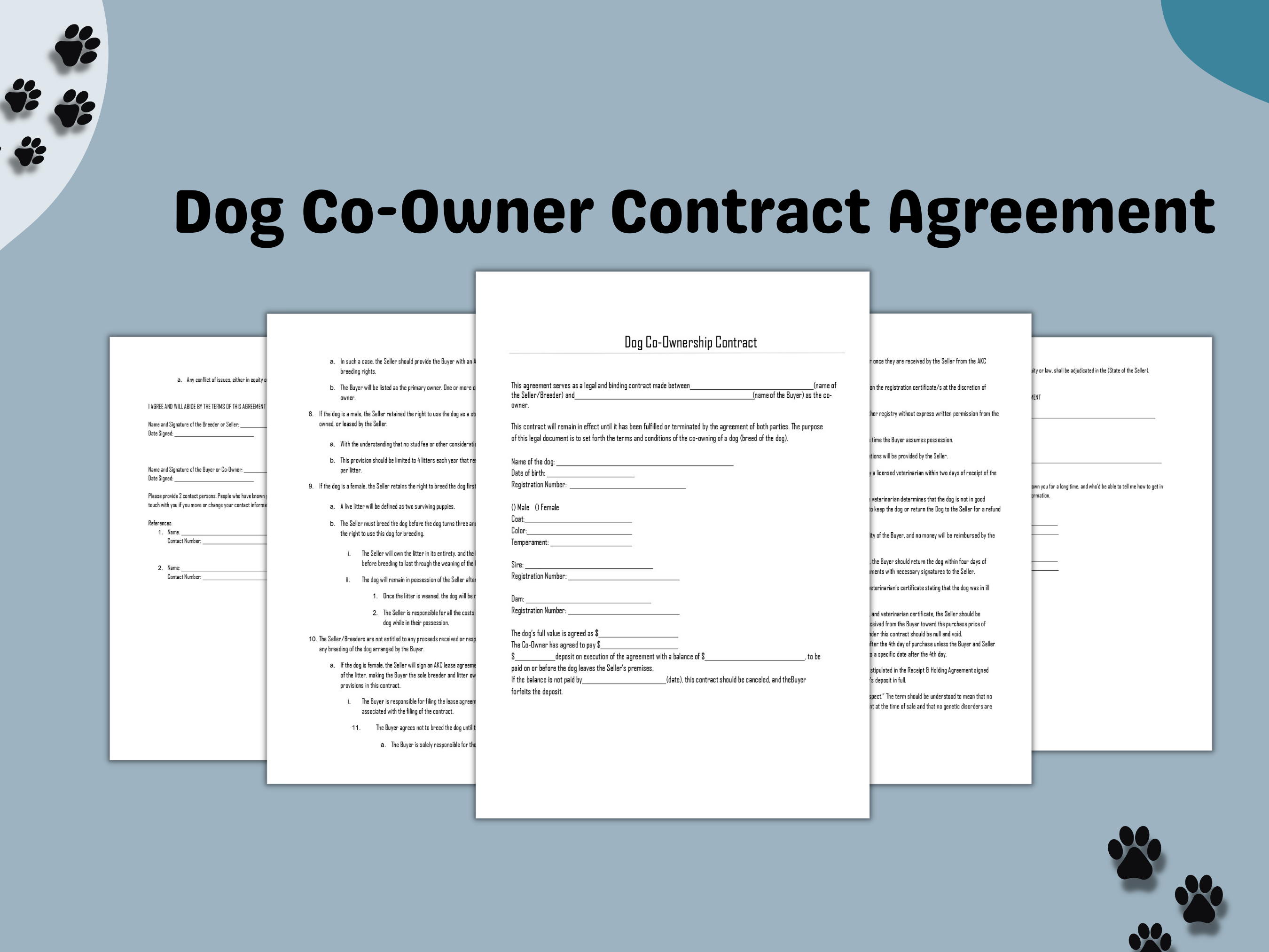 Dog CoOwnership Contract Editable Word Document Printable PDF Temp