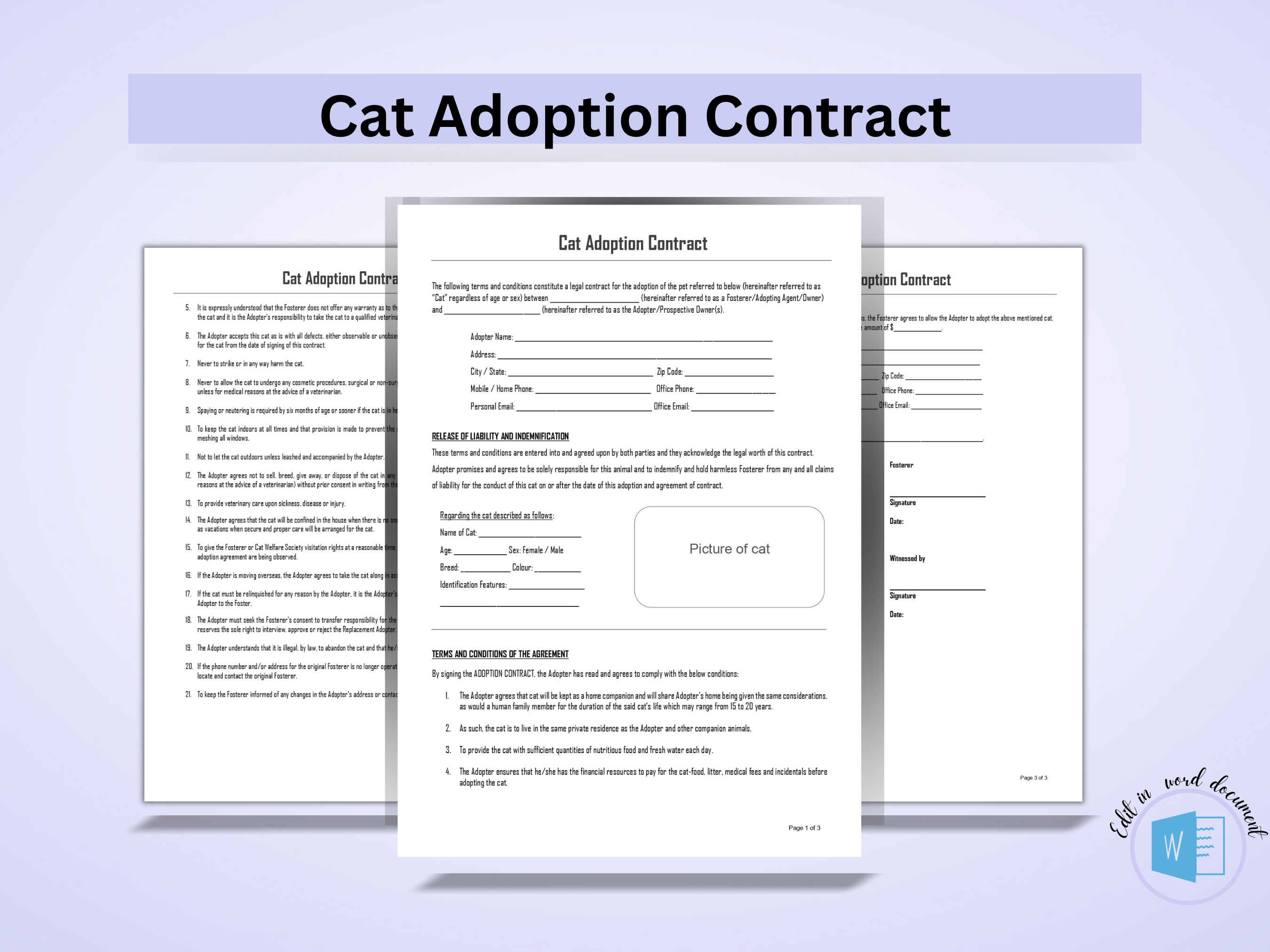 Kitten/Cat Adoption Contract Editable Template in Word Document Si