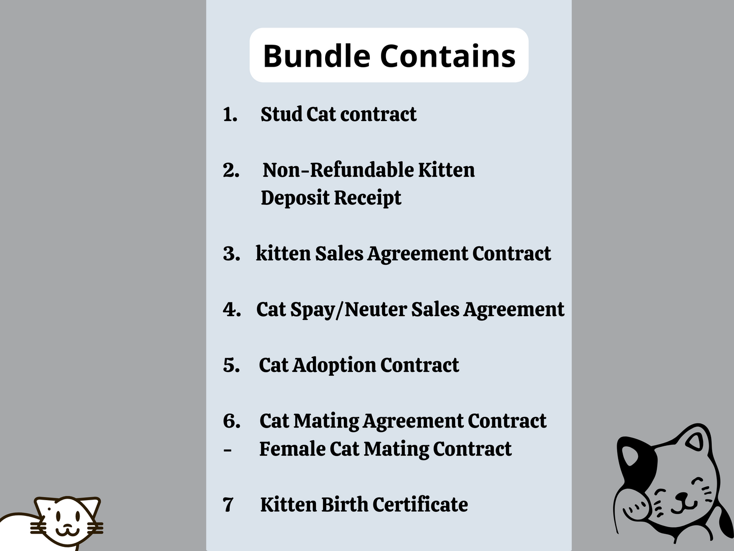 Bundle - Cat Breeder's Contract | Editable in Word | Non-Refundable Receipt | Stud Cat Contract | Spay/Neuter contract | Cat Sale Contract |