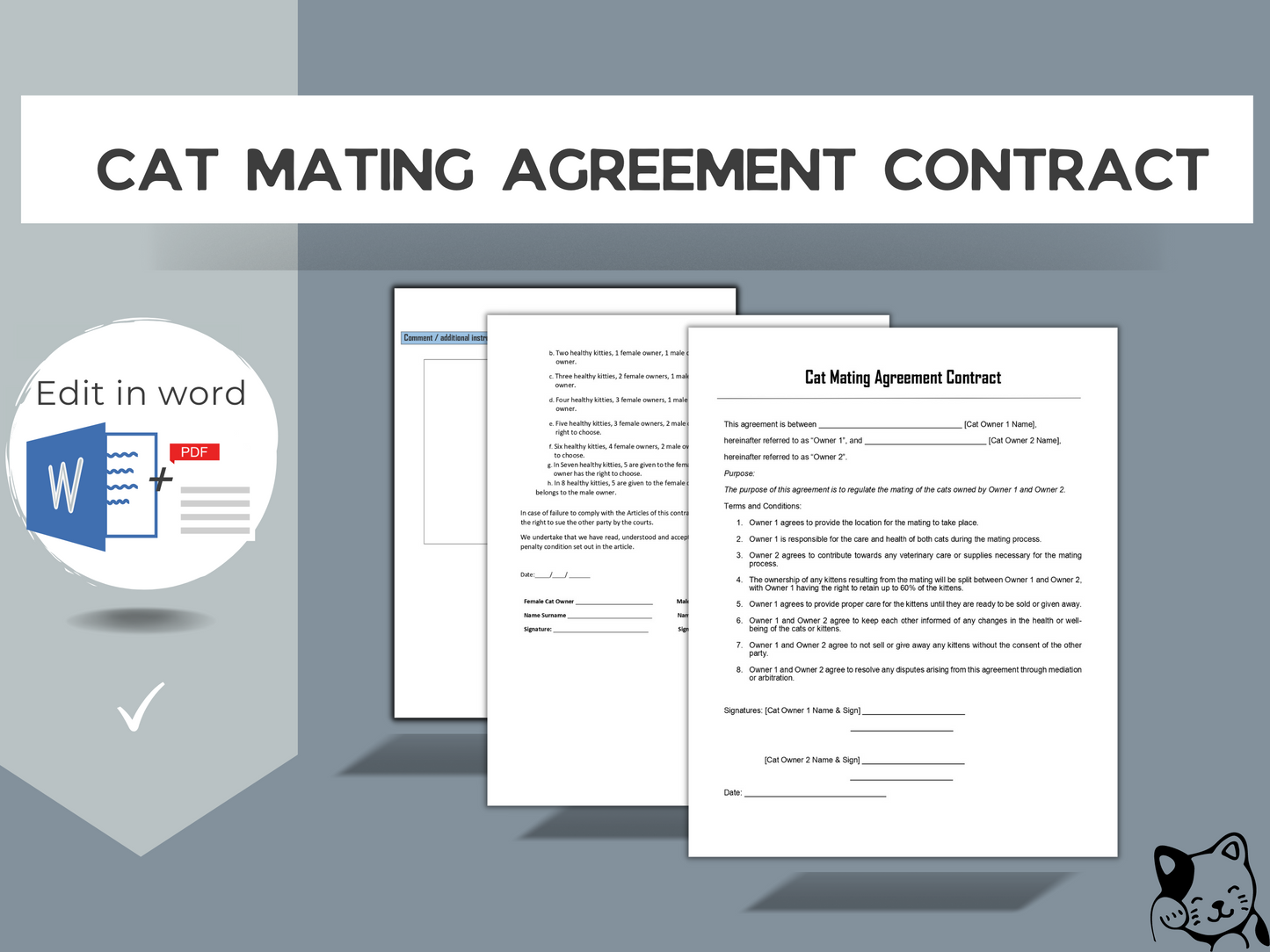 Cat Mating Contract | Editable in Word & PDF | Cat Mating Agreement Contract | Cat Breeder Agreement |