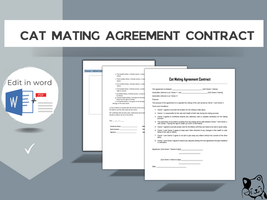Cat Mating Contract | Editable in Word & PDF | Cat Mating Agreement Contract | Cat Breeder Agreement |