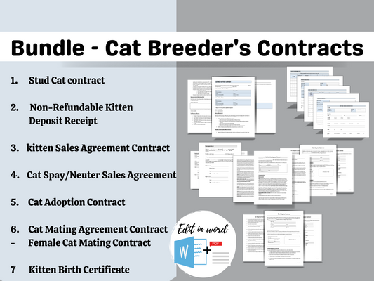 Bundle - Cat Breeder's Contract | Editable in Word | Non-Refundable Receipt | Stud Cat Contract | Spay/Neuter contract | Cat Sale Contract |