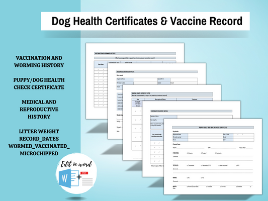 Puppy Vaccine and Worming Record | Puppy Health Check Certificate | Dog Medical Record | Litters Weight Wormed Microchipped Record |