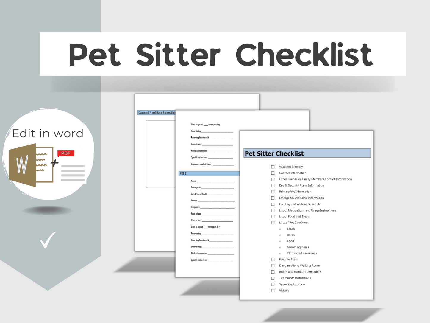 Pet Sitter Checklist and Instruction Notes | Pet Sitter Checklist Templates | Editable in Word | PDF Templates | Dog Sitter Sheet Forms |