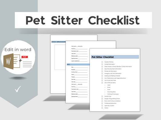 Pet Sitter Checklist and Instruction Notes | Pet Sitter Checklist Templates | Editable in Word | PDF Templates | Dog Sitter Sheet Forms |