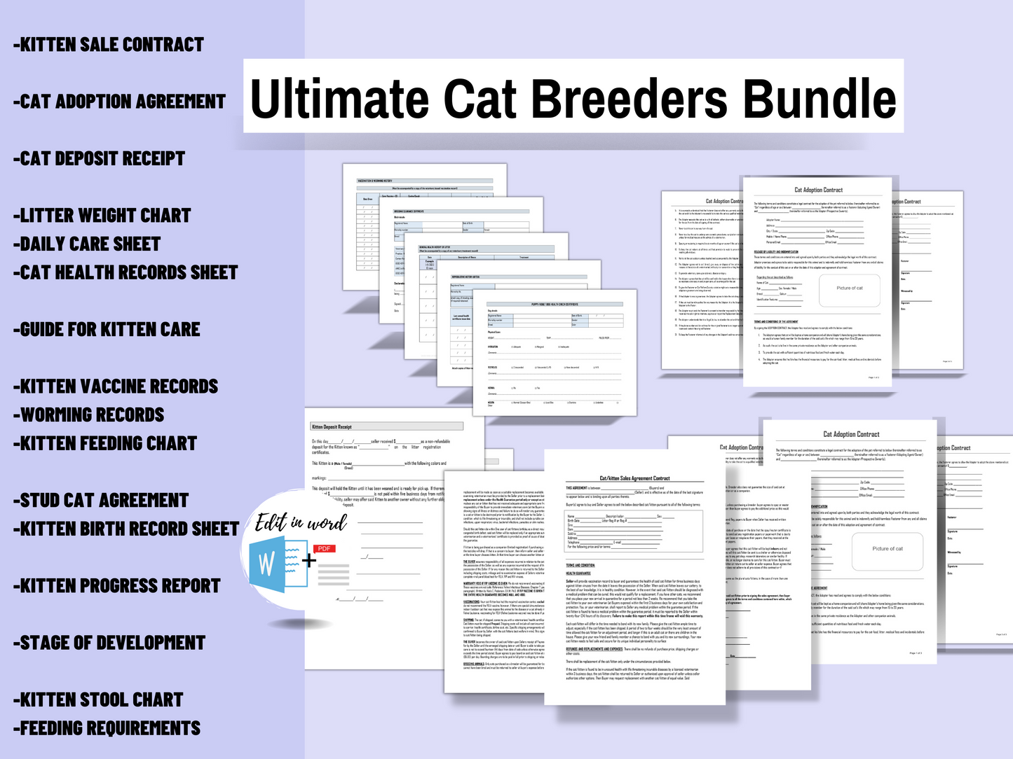 Cat Breeder’s Bundle | Pdf & Word Docs | Litter Weight, Vaccine Record, Worming, Health Record | Daily Care Sheet | Cat Deposit Contract |