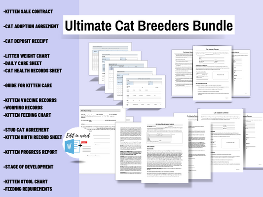 Cat Breeder’s Bundle | Pdf & Word Docs | Litter Weight, Vaccine Record, Worming, Health Record | Daily Care Sheet | Cat Deposit Contract |