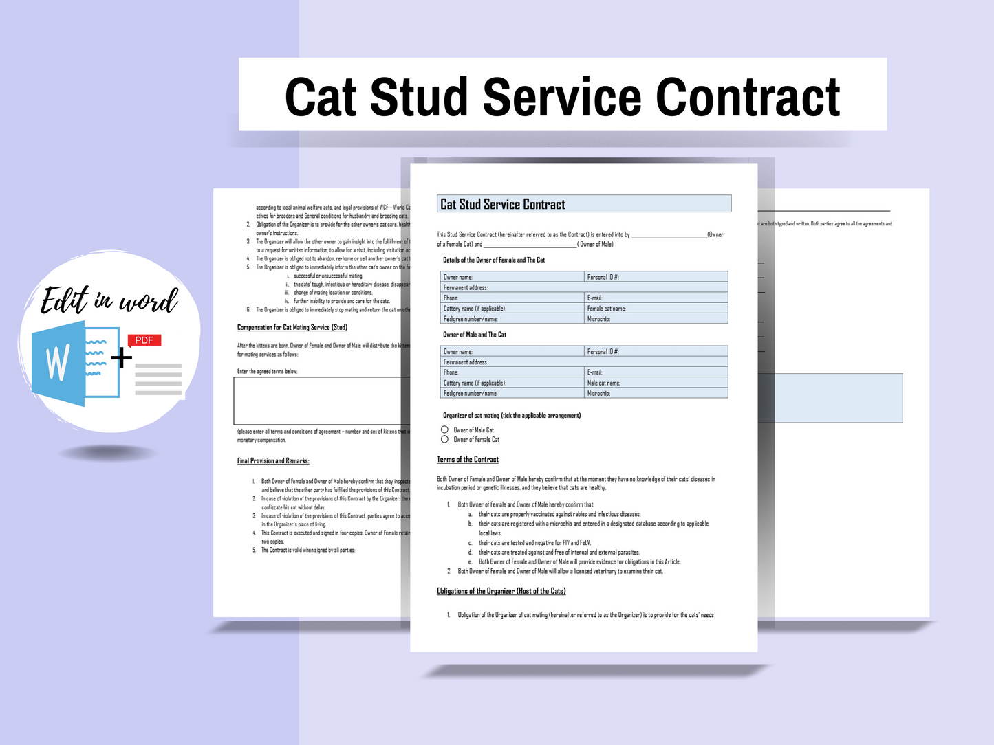 Cat Stud Service Contract | Cat Mating Agreement Contract | Printable PDF | Editable in Word Document | Cattery Contracts Template |