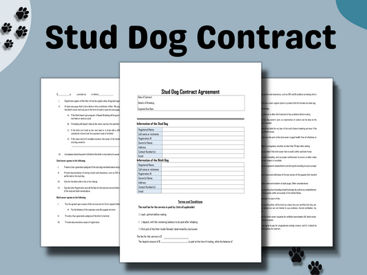 Stud Dog Owner Contract Agreement | Breeding Contract for Stud Dog Services| Easy to Edit in Word Document | Printable pdf Template |