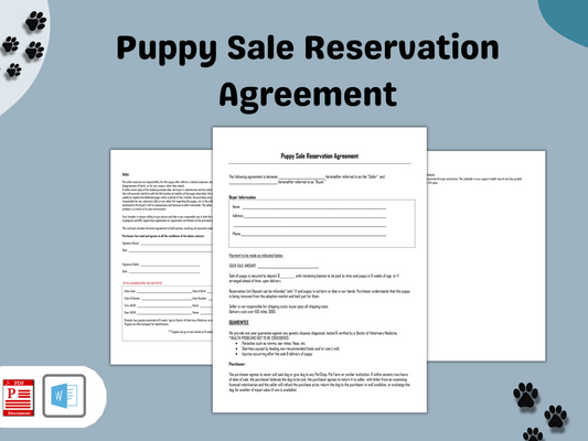 Puppy Sale Reservation Agreement | Editable Template in Word Document | Contract Agreement for Reserving a Puppy | Printable PDFs |