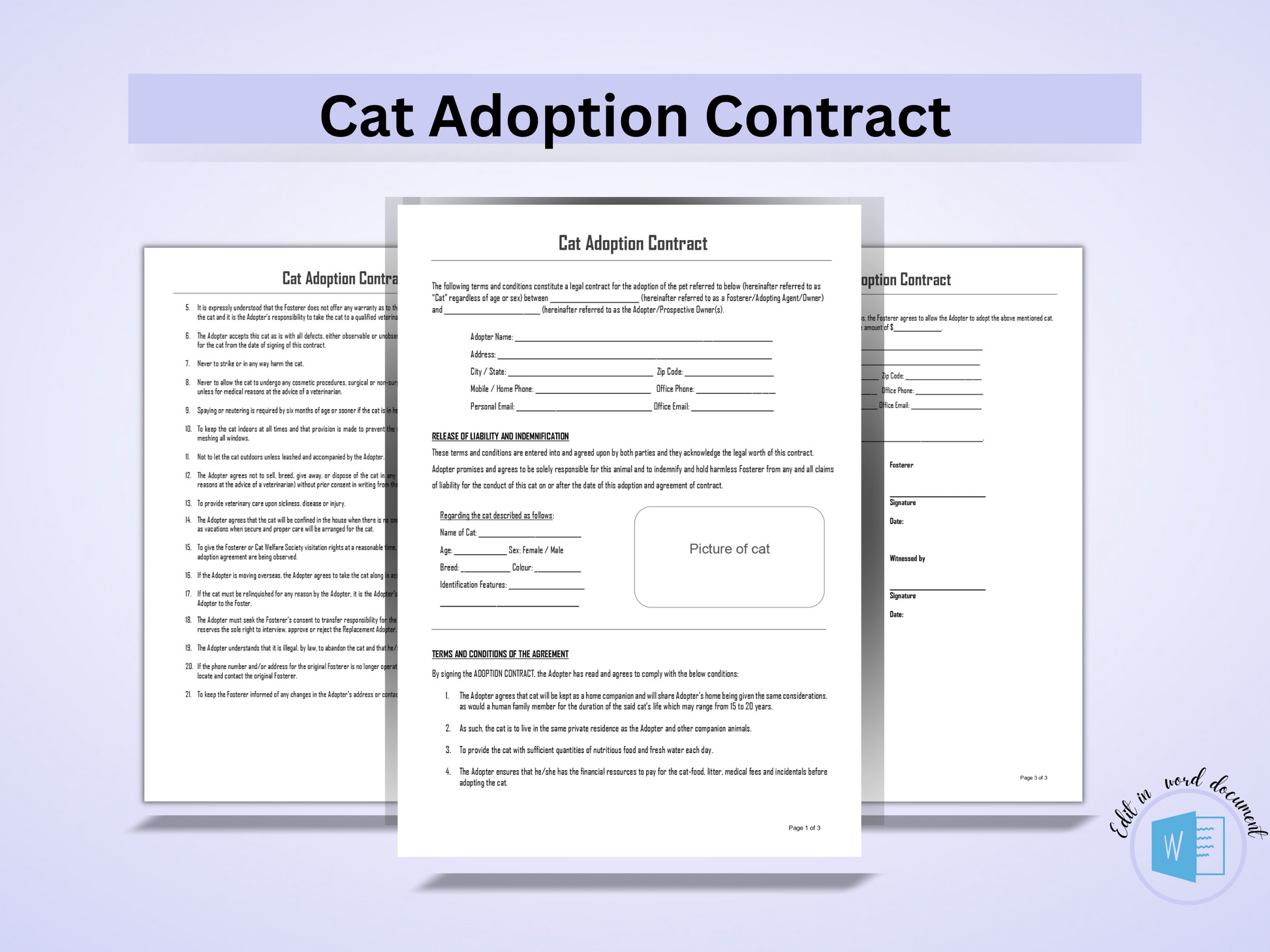 Kitten/Cat Adoption Contract Editable Template in Word Document Si Kitten/Cat Adoption Contract Editable Template in Word Document Si