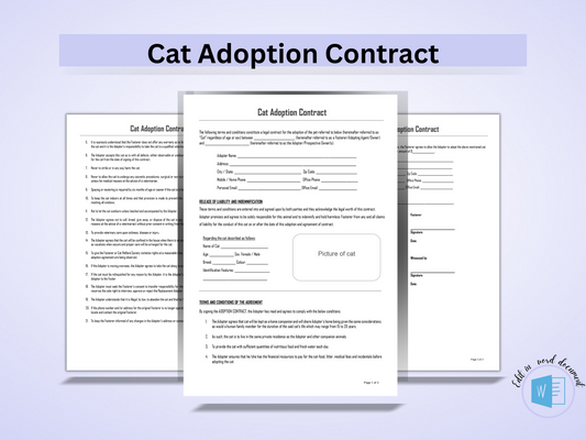 Kitten/Cat Adoption Contract | Editable Template in Word Document | Simple Contract for Adoption of Animal Pet | Cat Sales Agreement |
