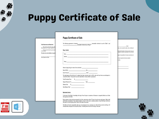 Puppy Certificate of Sale | Dog Bill of Sale | Editable Template in Word Document | Puppy Agreement for Terms of Sale | Printable PDFs |