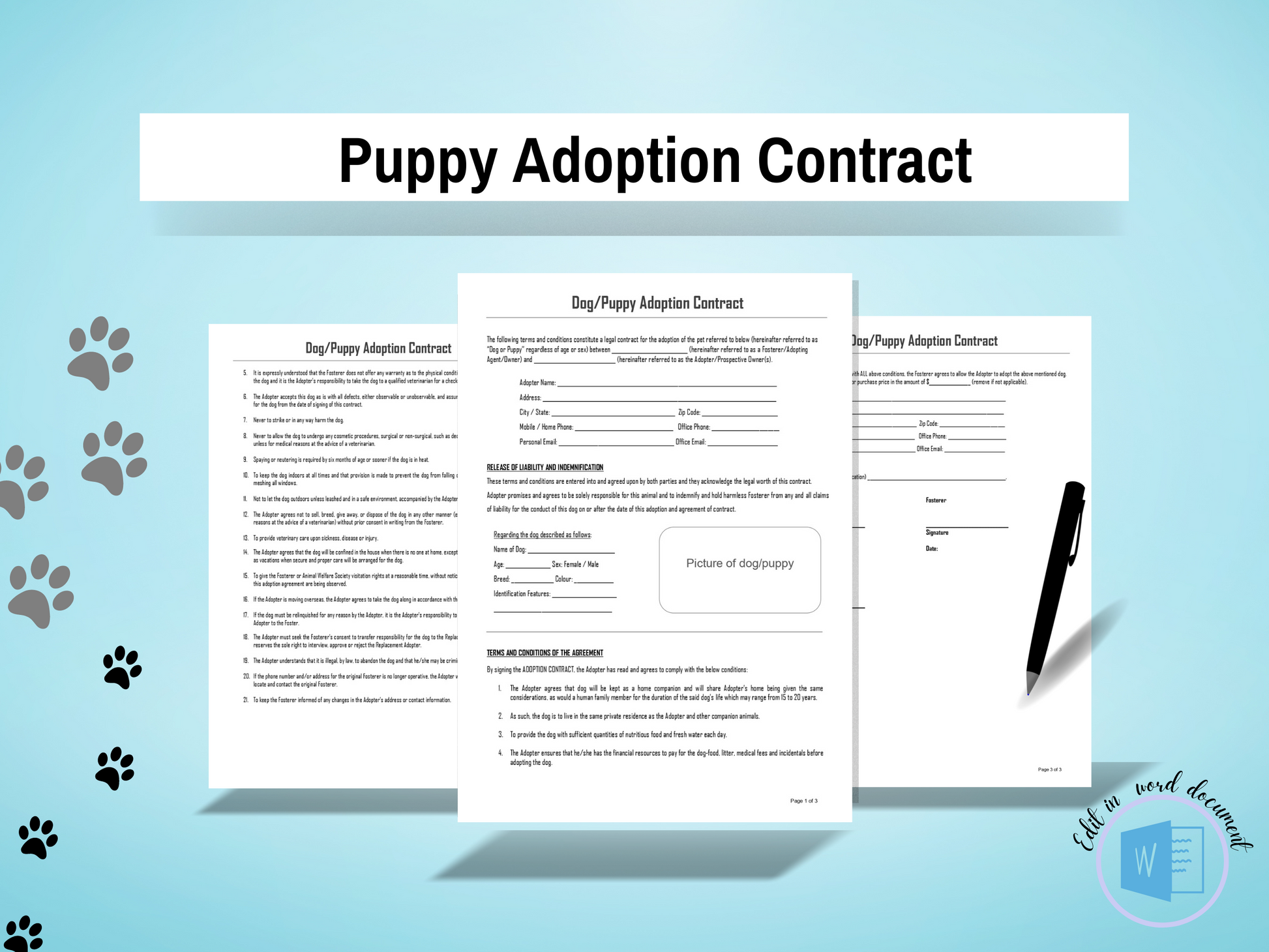 Pet Adoption Contract Agreement Editable in Word PDF Template Pu