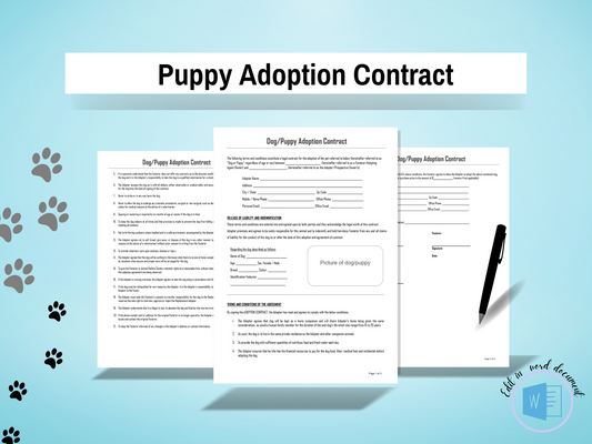 Pet Adoption Contract Agreement | Editable in Word | PDF Template | Puppy/Kitten Sales Agreement | Simple Contract for Adopting Animal Pet |