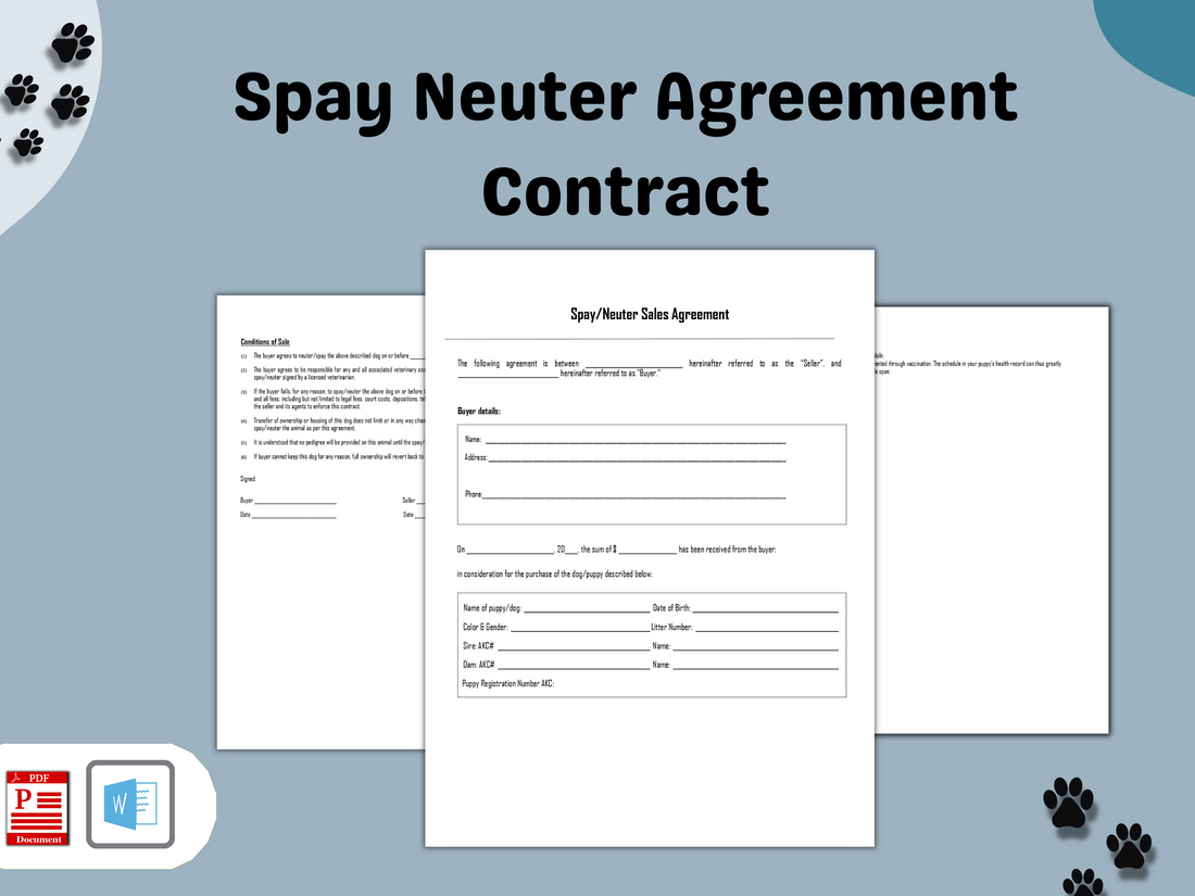 Dog Spay Neuter Agreement Contract Editable Template in Word Documen