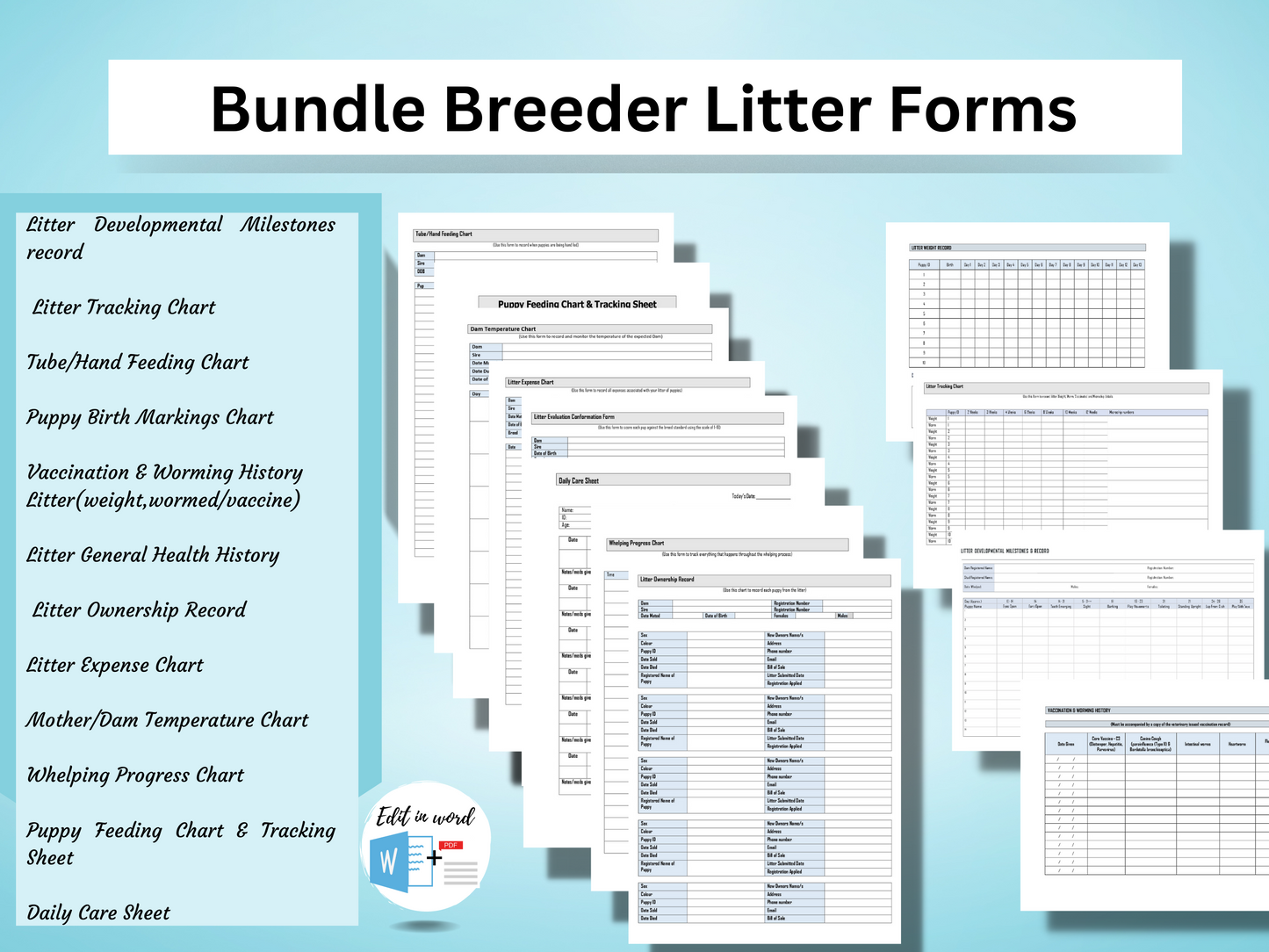 Bundle Breeder Litter Forms | Litter Charts (Feeding | Weight Tracking Charts | Worming Record | (Vaccine & Temperature) Litter Ownership Sheet | Editable in Word |