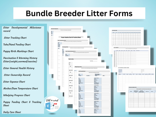 Bundle Breeder Litter Forms | Litter Charts (Feeding | Weight Tracking Charts | Worming Record | (Vaccine & Temperature) Litter Ownership Sheet | Editable in Word |