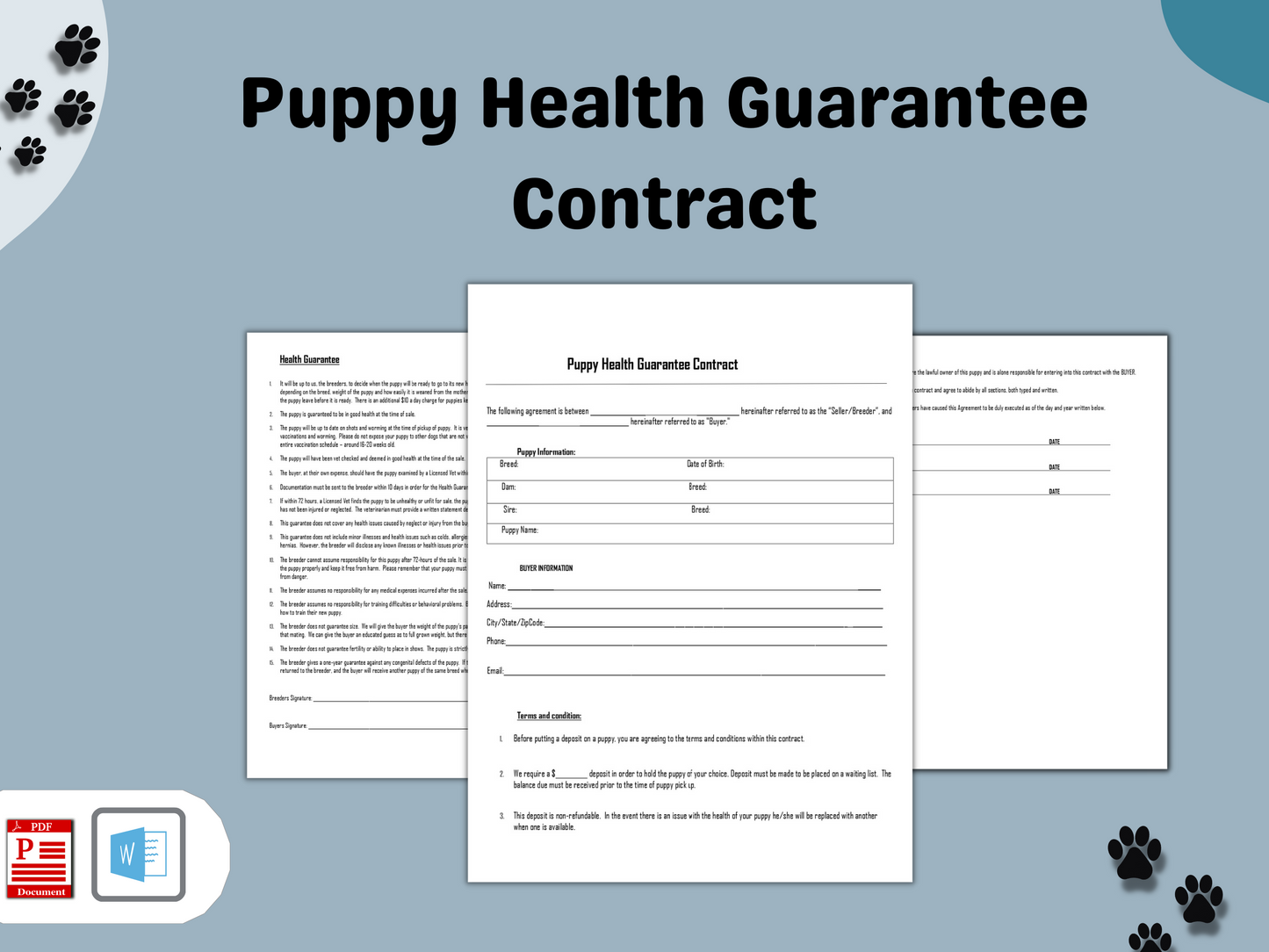 Puppy Health Guarantee Contract | Editable in Word Document | Printable PDF | Replacement Puppy Contract | 72 hour Puppy Health Guarantee |