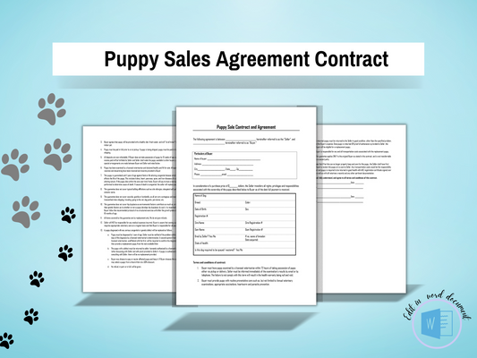 Puppy Sales Agreement Contract | Edit in Word | Instant Printable PDF | Dog Bill of Sale Contract | Simple Contract for Sale of Animal Pet |