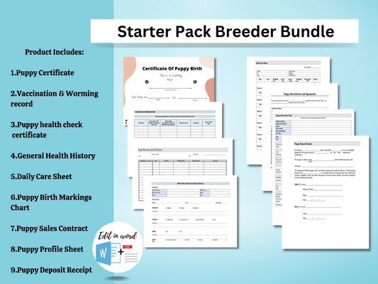 Dog Breeder Forms | Starter Bundle | Editable in Word | Puppy Certificate | Vaccine & Worming forms | Health Certificate | Daily Care Sheet |