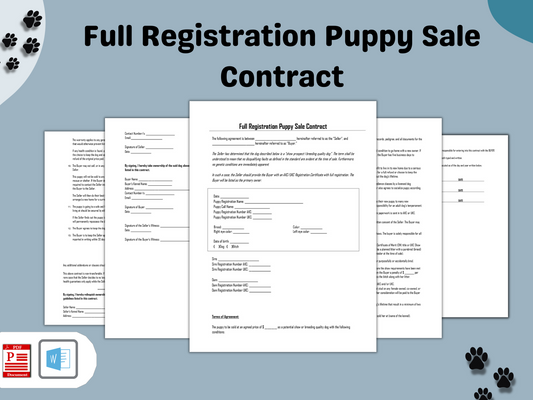 Full Registration Puppy Sale Contract | Editable in Word Document | Printable PDF files | Dog Breeder Contract Template |