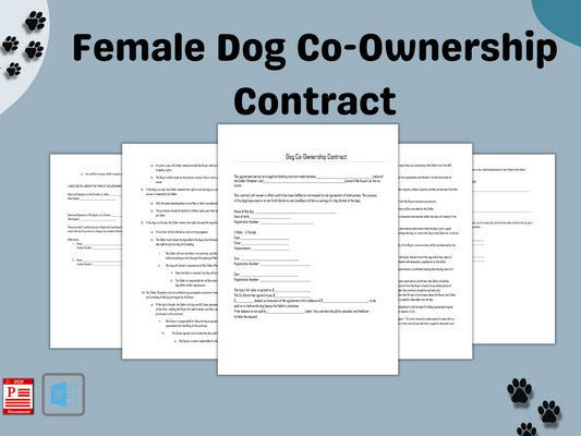 Female Dog Co-Ownership Contract | Agreement for Co-owning a Dog | Breeding Contract Service | Printable PDF | Editable Word Document |