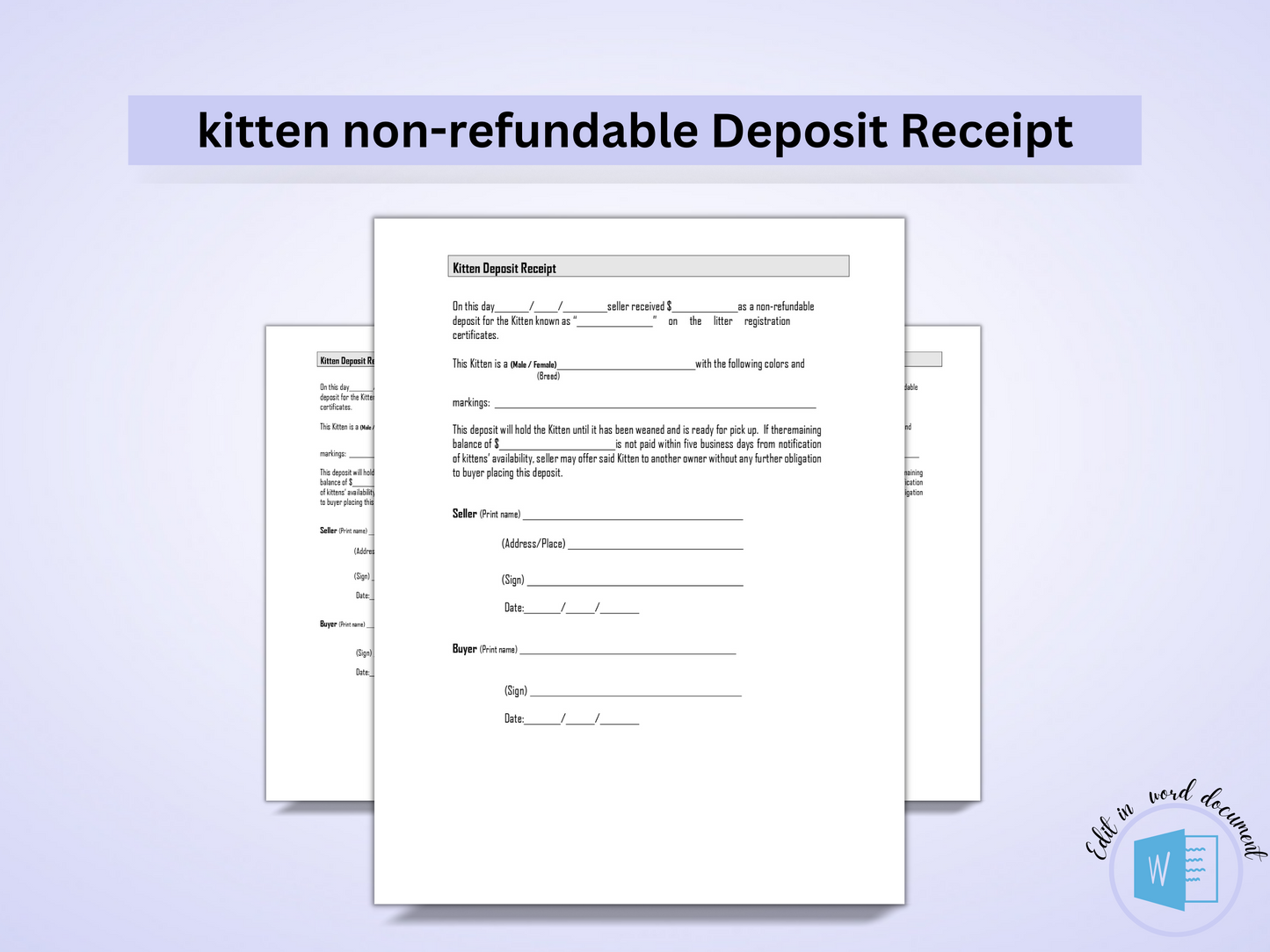 Kitten Deposit Receipt | Editable Template in Word Doc | Non-refundable Sales Receipt | Agreement Contract | Cat Bill of Sale  Receipt |