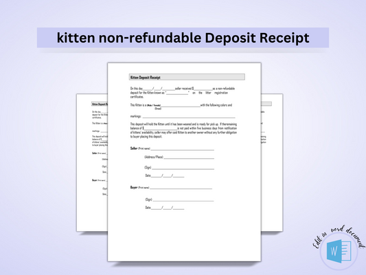 Kitten Deposit Receipt | Editable Template in Word Doc | Non-refundable Sales Receipt | Agreement Contract | Cat Bill of Sale  Receipt |