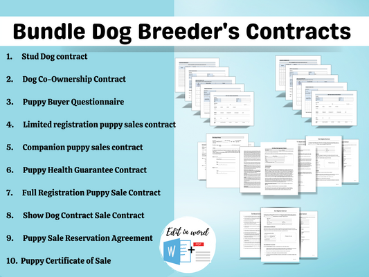Bundle Dog Breeder's Contracts | PDFs | Stud Dog Contract | Dog Co-owner | Limited & Full Reg | Spray Neuter Contract | Health Guarantee |