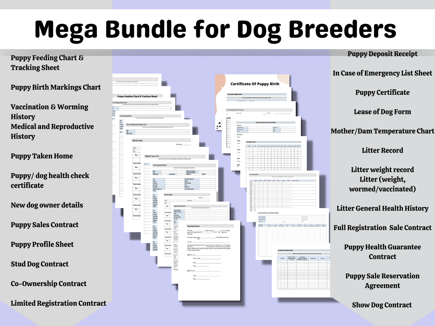 Mega Bundle for Dog Breeders | All-in-One | Printable PDFs & Word Docs | Puppy Sales Contracts | Whelping Charts | Puppy Litter Records |