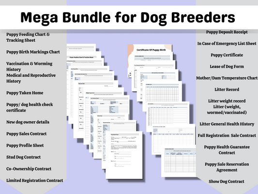 Mega Bundle for Dog Breeders | All-in-One | Printable PDFs & Word Docs | Puppy Sales Contracts | Whelping Charts | Puppy Litter Records |